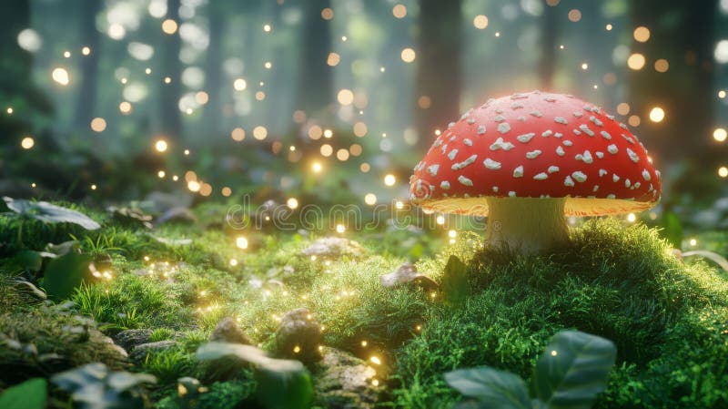 魔法灯火通明的迷彩森林白斑红蘑菇. 幻想自然场景概念 图库摄影