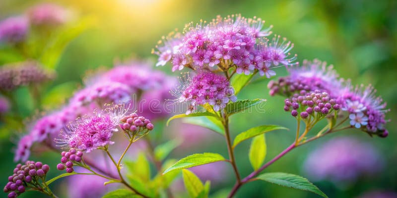 魔法花园：迷人的紫色绣线菊在郁郁葱葱的绿色树叶中绽放，以艺术的长曝光捕捉 向量例证