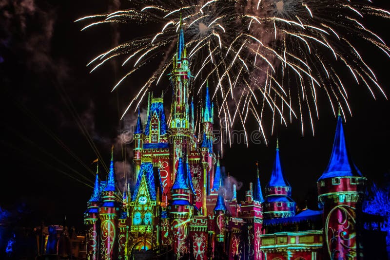 Orlando, Florida. December 05, 2019. Spectacular fireworks  in Happily Ever After Show at Cinderella`s Castle in Magic Kingdom 30. Orlando, Florida. December 05, 2019. Spectacular fireworks  in Happily Ever After Show at Cinderella`s Castle in Magic Kingdom 30