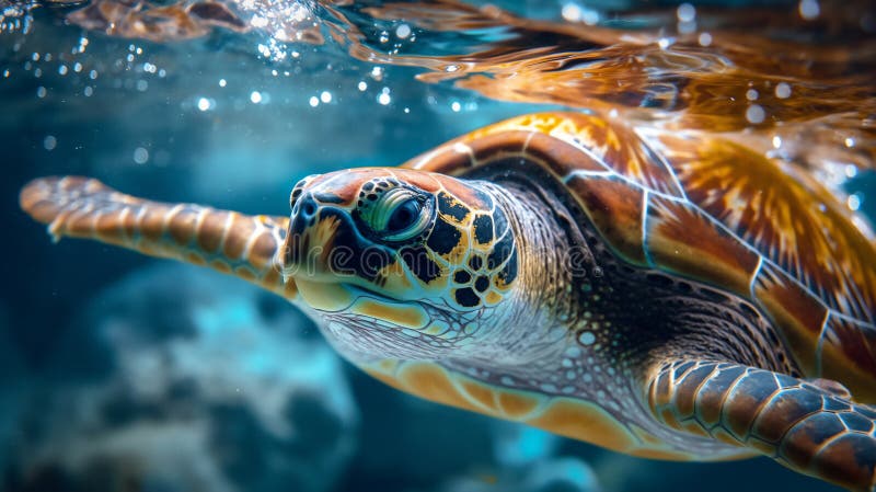 A vibrant sea turtle swimming underwater, its colorful shell reflecting light amidst blue ocean waters illustration by generative ai. A vibrant sea turtle swimming underwater, its colorful shell reflecting light amidst blue ocean waters illustration by generative ai