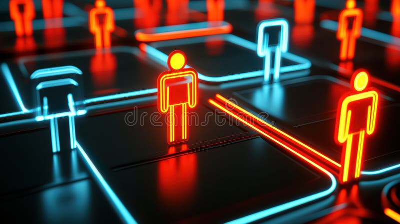 鲜活的霓虹灯人物照亮了人们排成长队 库存例证