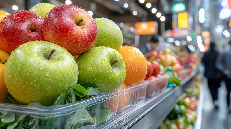 鲜苹果、橙在市场上的健康果品选择 库存例证