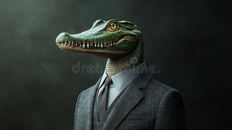 鳄鱼穿西服拟人肖像野生动物概念的企业幽默 库存例证