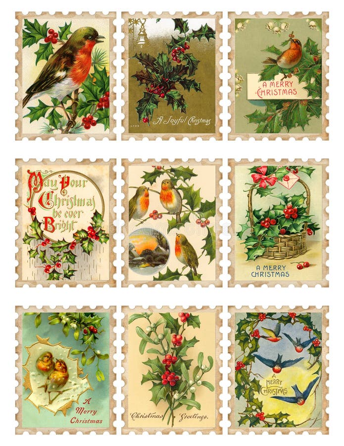 A set of nine faux vintage Christmas bird and holly stamps based on antique postcards. A set of nine faux vintage Christmas bird and holly stamps based on antique postcards.