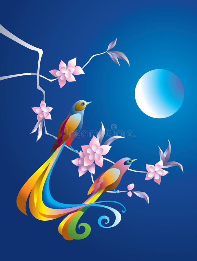 Birds in the night on the branch with flowers, in Chinese traditional style, vector illustration. Birds in the night on the branch with flowers, in Chinese traditional style, vector illustration