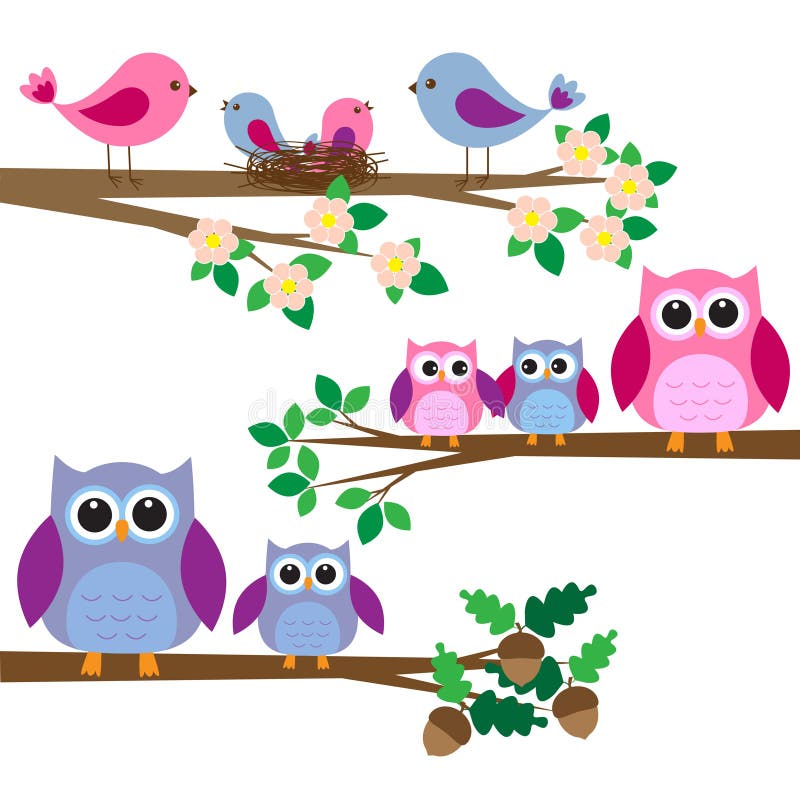 Owls and birds sitting on branches. Vector set. Owls and birds sitting on branches. Vector set