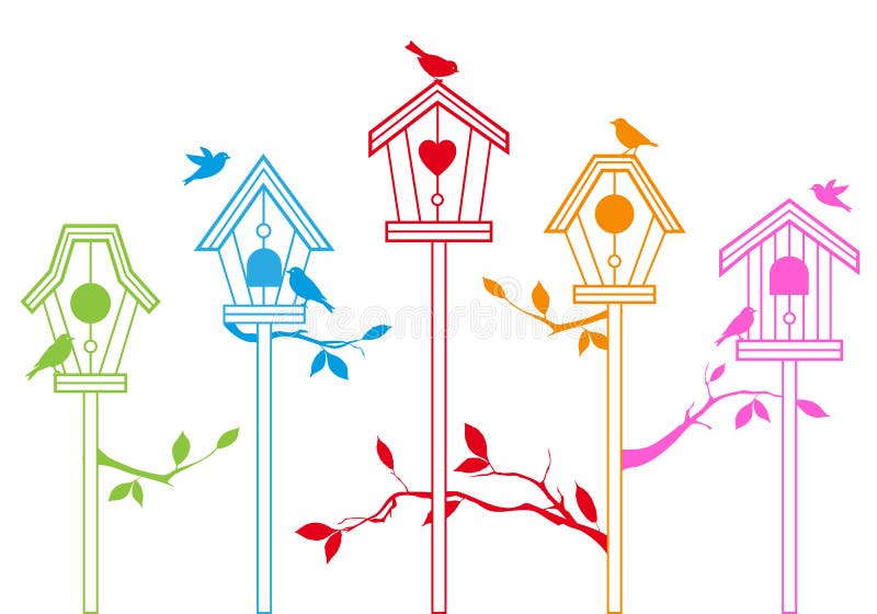 Cute bird houses with branches, vector background. Cute bird houses with branches, vector background