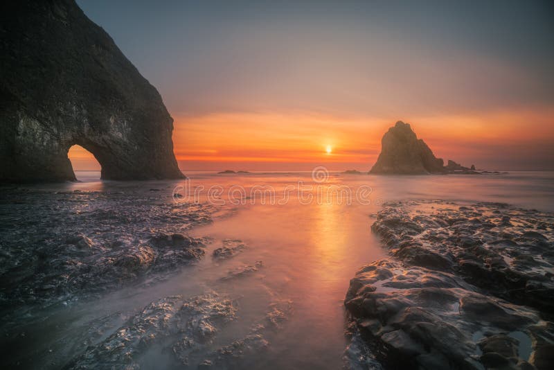 A wide angle photograph of a winter sunset at coastal Olympic National Park. A wide angle photograph of a winter sunset at coastal Olympic National Park