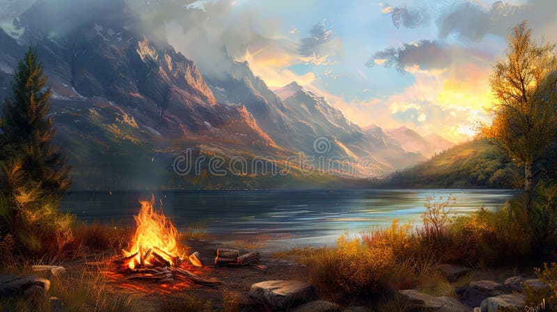 黄昏时的山景，湖边有火，背景中有山峰 库存例证