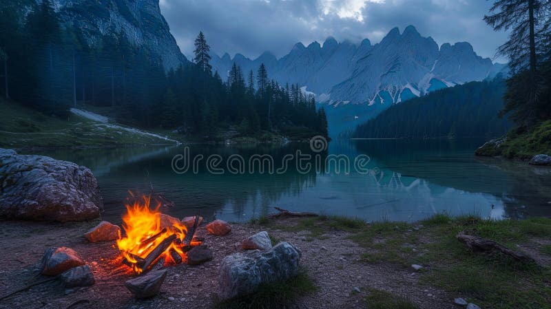 黄昏时的山景，湖边有火，背景中有山峰 向量例证