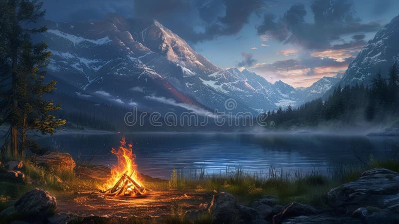 黄昏时的山景，湖边有火，背景中有山峰 皇族释放例证