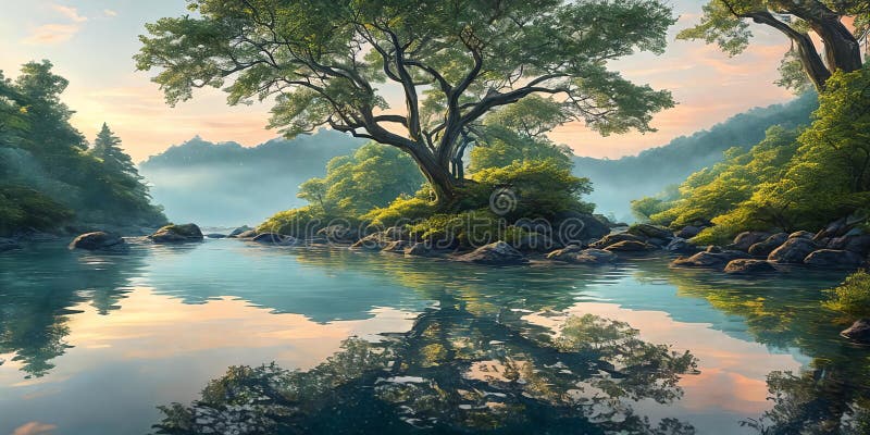 黄昏时的惊险场面 : 宁静的山林 库存照片