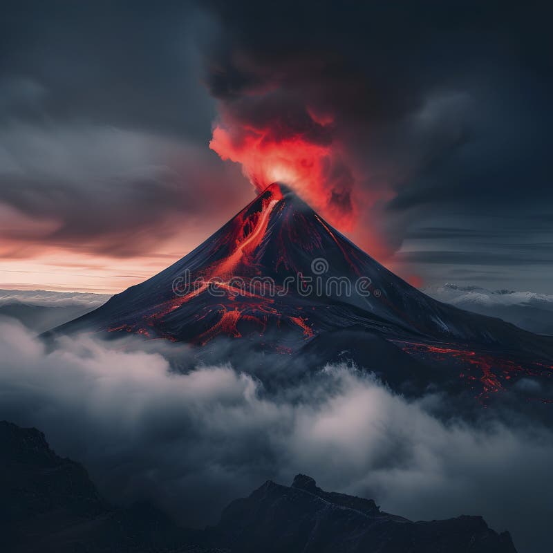 Awe-inspiring image of a volcano erupting with fiery lava flows and smoky skies at dusk AI generated. Awe-inspiring image of a volcano erupting with fiery lava flows and smoky skies at dusk AI generated