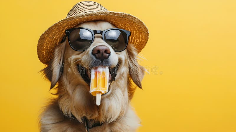 黄色背景中戴墨镜和夏日帽吃冰淇淋的金毛犬 库存照片