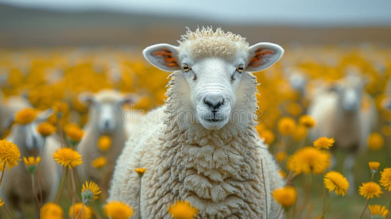 A sheep in a field of yellow flowers with other animals AI generated. A sheep in a field of yellow flowers with other animals AI generated