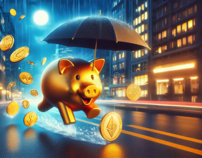 黄金储存罐在城市街道上,在蓝天下雨,金币欧元比特币兑黄金币,因此,比特币的运动正在减弱 皇族释放例证