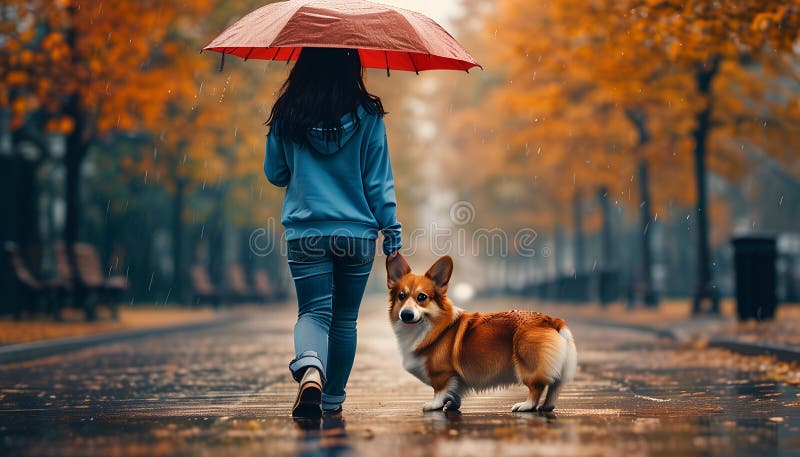 黑发女在雨中遛狗 库存例证