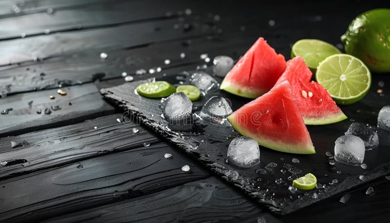 黑木桌上有多汁西瓜冰和酸橙的石板特写 库存照片