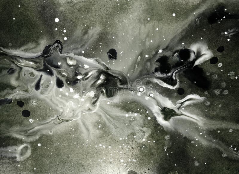 黑白抽象背景、溅水和污渍、丙烯酸画、单色绘画、 库存照片