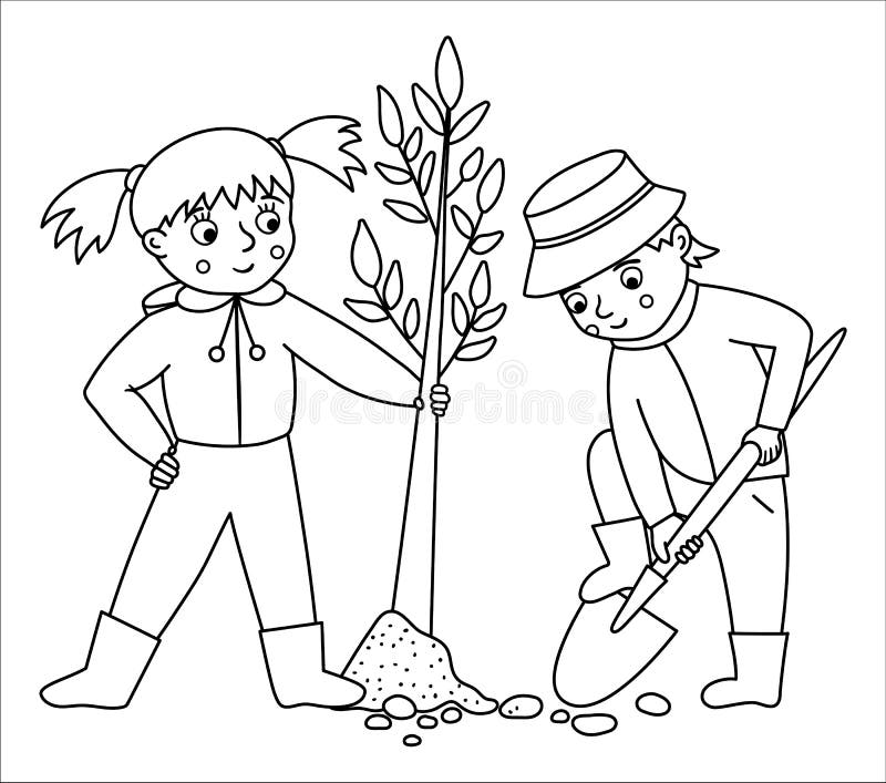黑白色儿童植树图. 可爱的小孩在花园里. 男孩挖铲子. 库存例证