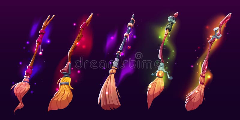 Cartoon set of witch broomsticks isolated on dark background. Vector illustration of magic flight transport with wooden handle glowing with neon colors, sparkles. Witchcraft accessory. Halloween item. Cartoon set of witch broomsticks isolated on dark background. Vector illustration of magic flight transport with wooden handle glowing with neon colors, sparkles. Witchcraft accessory. Halloween item