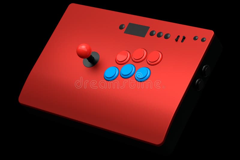 Vintage arcade stick with joystick and tournament-grade buttons on black background. 3D rendering of gaming machine and gamer workspace concept. Vintage arcade stick with joystick and tournament-grade buttons on black background. 3D rendering of gaming machine and gamer workspace concept