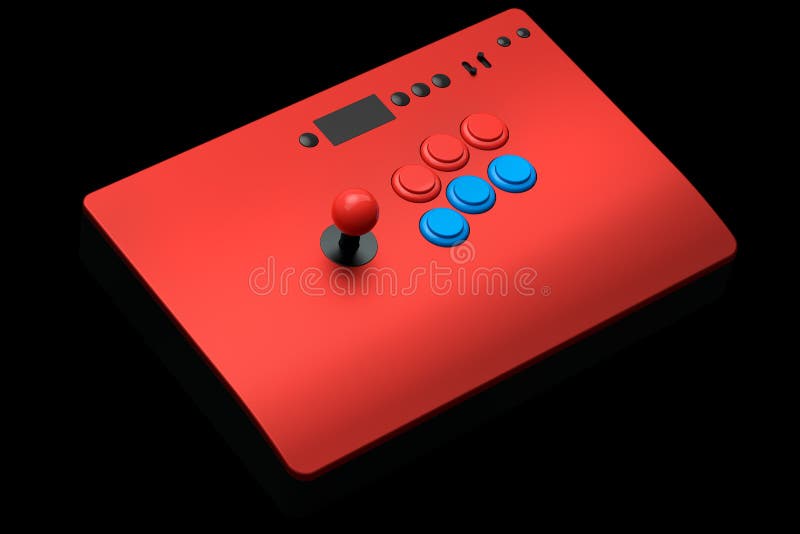 Vintage arcade stick with joystick and tournament-grade buttons on black background. 3D rendering of gaming machine and gamer workspace concept. Vintage arcade stick with joystick and tournament-grade buttons on black background. 3D rendering of gaming machine and gamer workspace concept