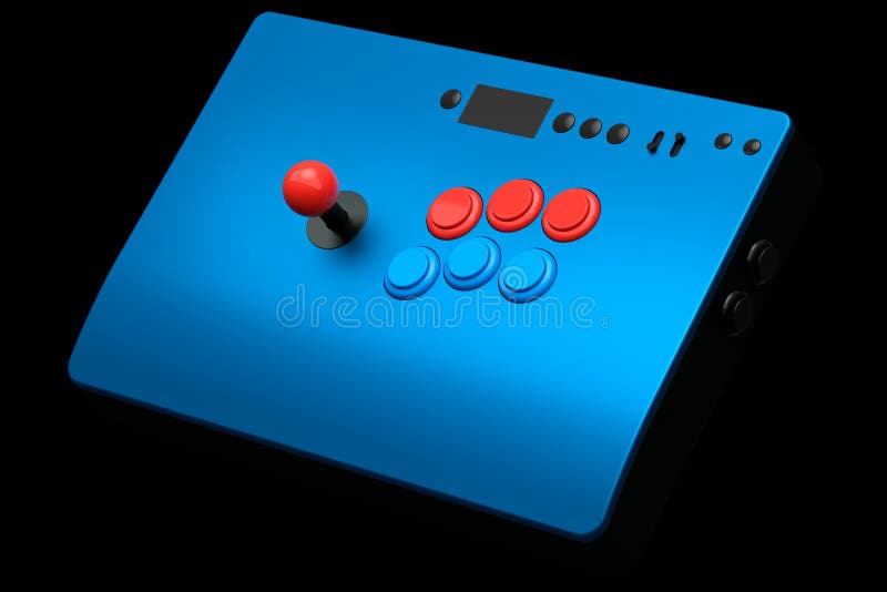 Vintage arcade stick with joystick and tournament-grade buttons on black background. 3D rendering of gaming machine and gamer workspace concept. Vintage arcade stick with joystick and tournament-grade buttons on black background. 3D rendering of gaming machine and gamer workspace concept