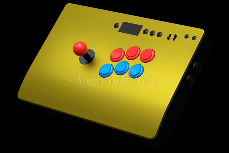 Vintage arcade stick with joystick and tournament-grade buttons on black background. 3D rendering of gaming machine and gamer workspace concept. Vintage arcade stick with joystick and tournament-grade buttons on black background. 3D rendering of gaming machine and gamer workspace concept