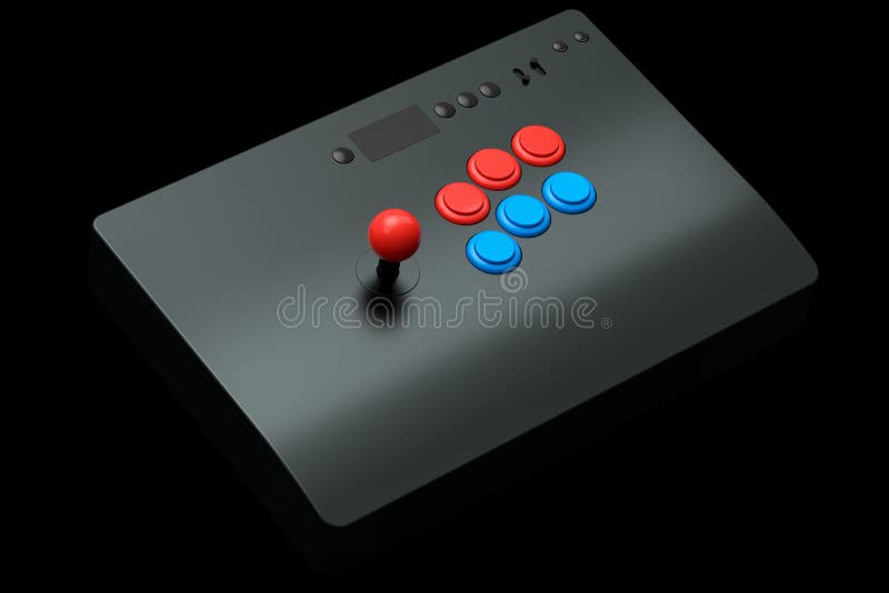 Vintage arcade stick with joystick and tournament-grade buttons on black background. 3D rendering of gaming machine and gamer workspace concept. Vintage arcade stick with joystick and tournament-grade buttons on black background. 3D rendering of gaming machine and gamer workspace concept