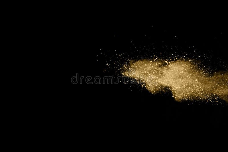 黑色背景中的金粉爆炸. 冻结运动. 彩色云. 彩尘爆炸. 油漆袋.