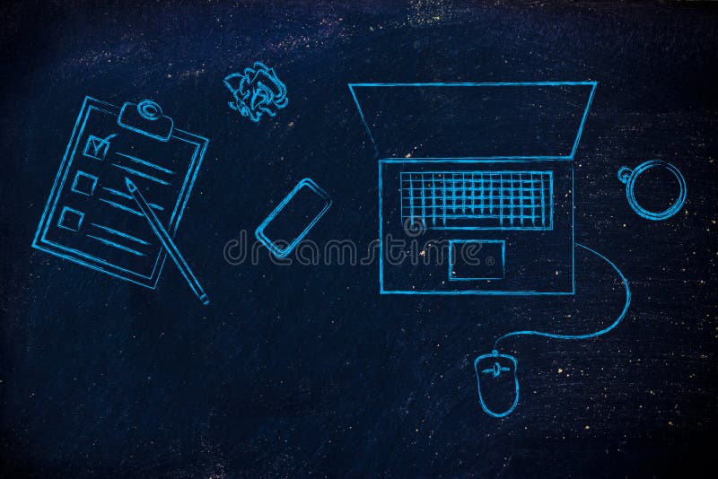 컴퓨터, 할 일 목록, 커피, 전화가 있는 책상 벡터 일러스트