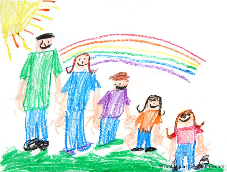 Kids Primitive Crayon Drawing of a Family