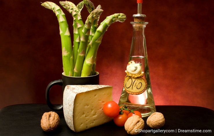 Still Life With Asparagus, Cheese And Olive Oil