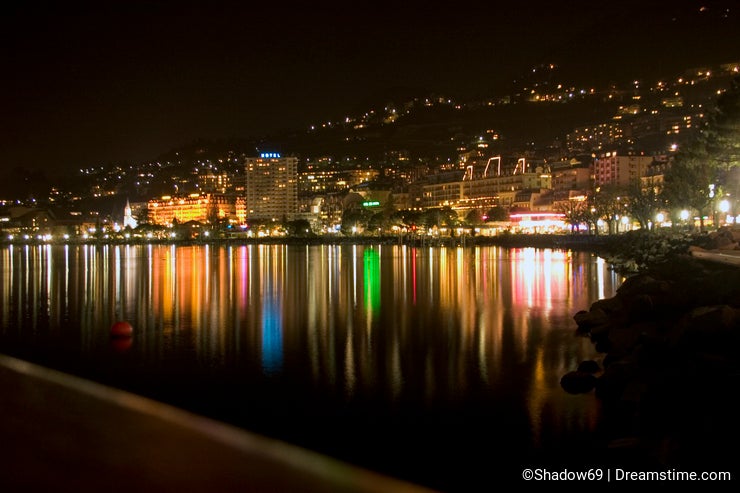 Montreux shoreline at night