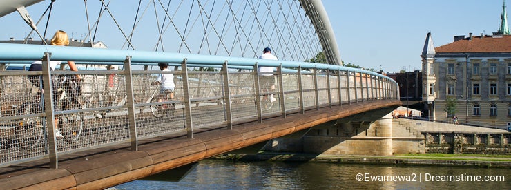 Bicycles on footpath on a bridge
