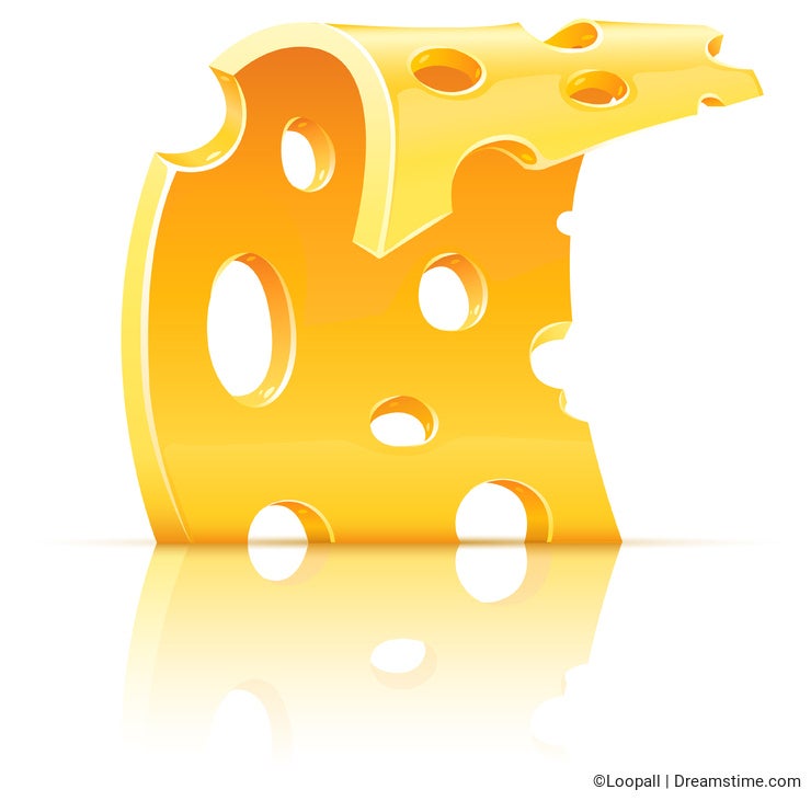 Slice of yellow porous cheese food with holes