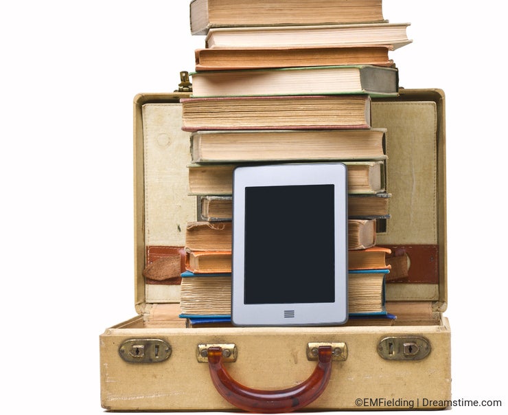 E-Reader, Stack of Books, Suitcase