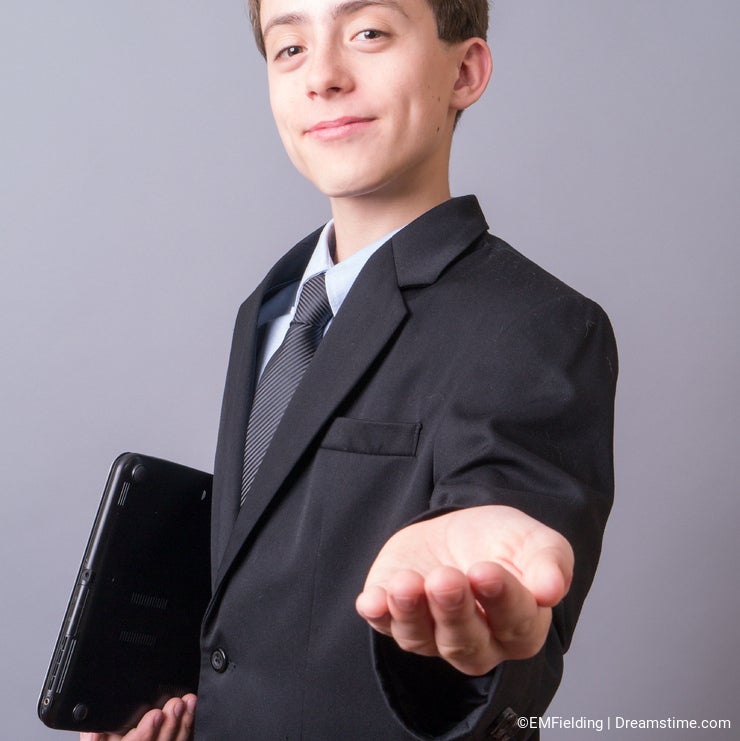 Young business man with hand out