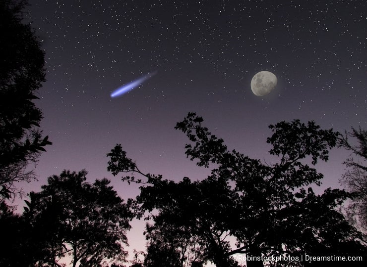 Asteroid or comet DA14 in the night sky scene