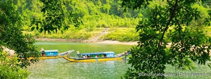 Boats for transporting tourists to Phong Nha cave, Phong Nha - Ke Bang national park, Viet Nam.