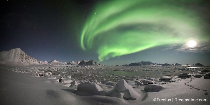 Northern lights over the frozen fjord - PANORAMA