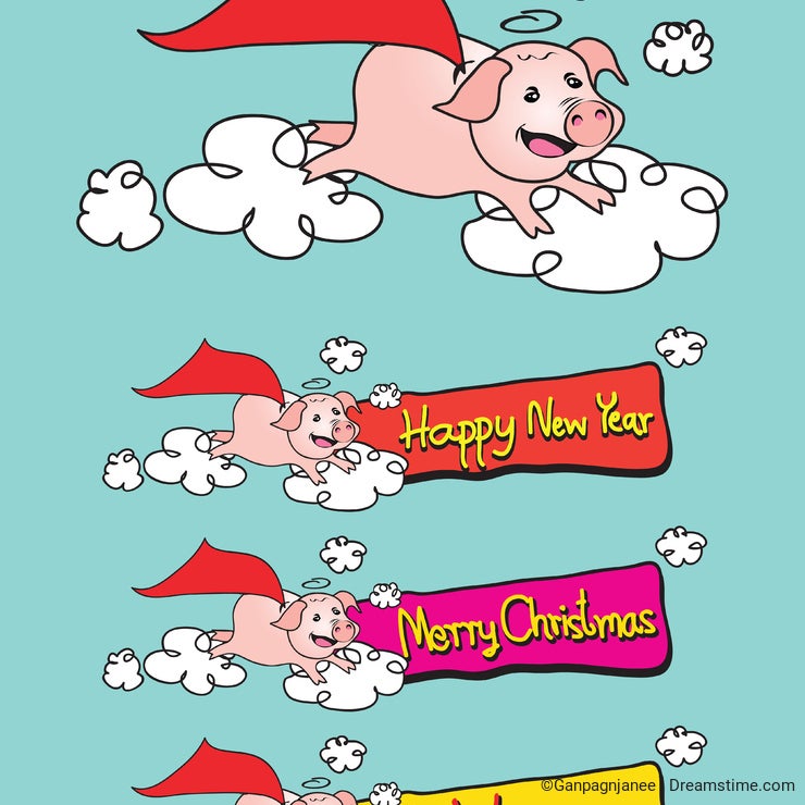 Flying Pig Happy New Year vector illustration