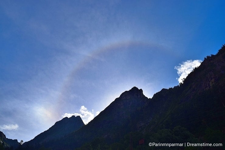 A halo caused by ice crystals at high altitude in Himalayas, Ghangaria, Uttarakhand, India