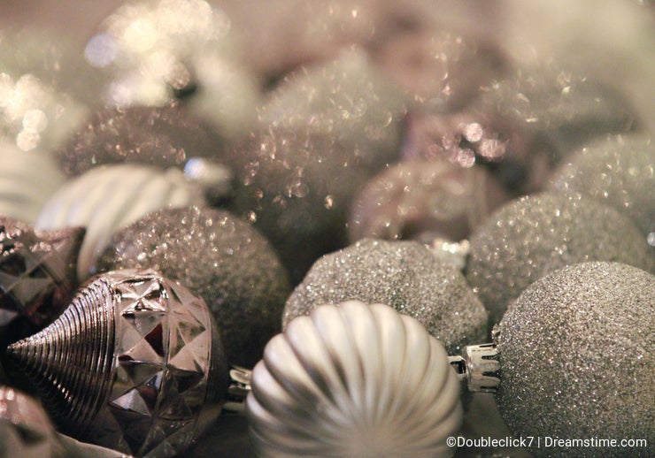 Christmas ornaments background, silver tones