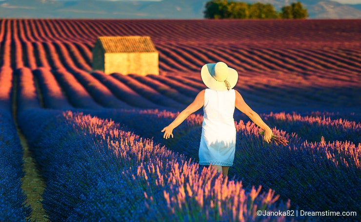 Carefree Happy Woman Enjoying Nature on lavender meadow