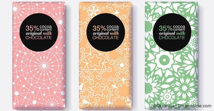 Vector Set Of Chocolate Bar Package Designs With Pastel Geometric Patterns. Editable Packaging Template Collection.
