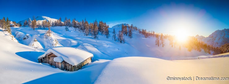 Idyllic winter mountain landscape in the Alps at sunset