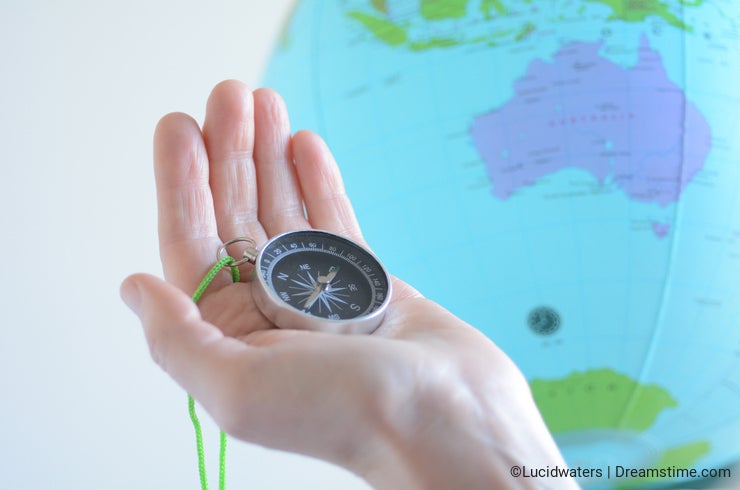 Hand holding a compass with Australia on a globe