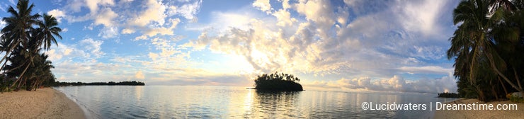 Panoramic landscape view of Muri lagoon at sunrise in Rarotonga